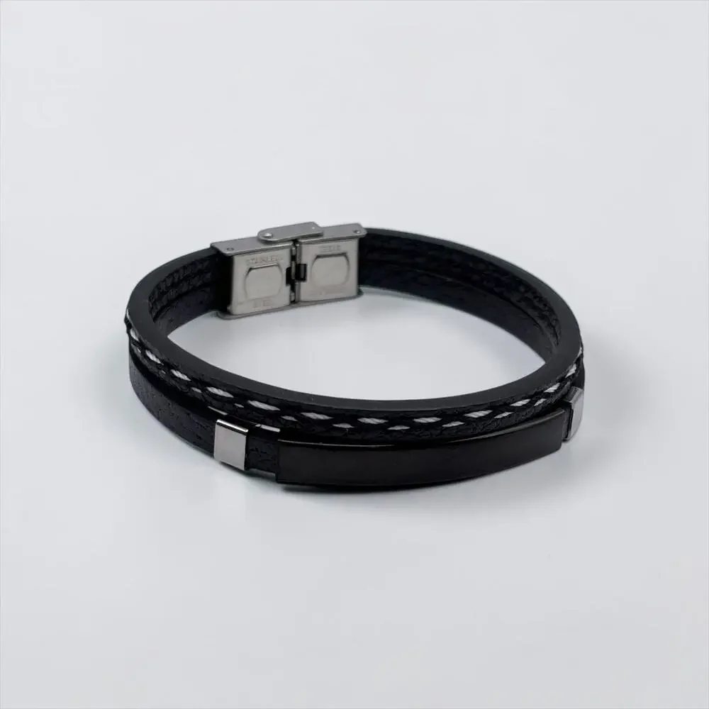 Men’s Black Leather Double-Layer Bracelet
